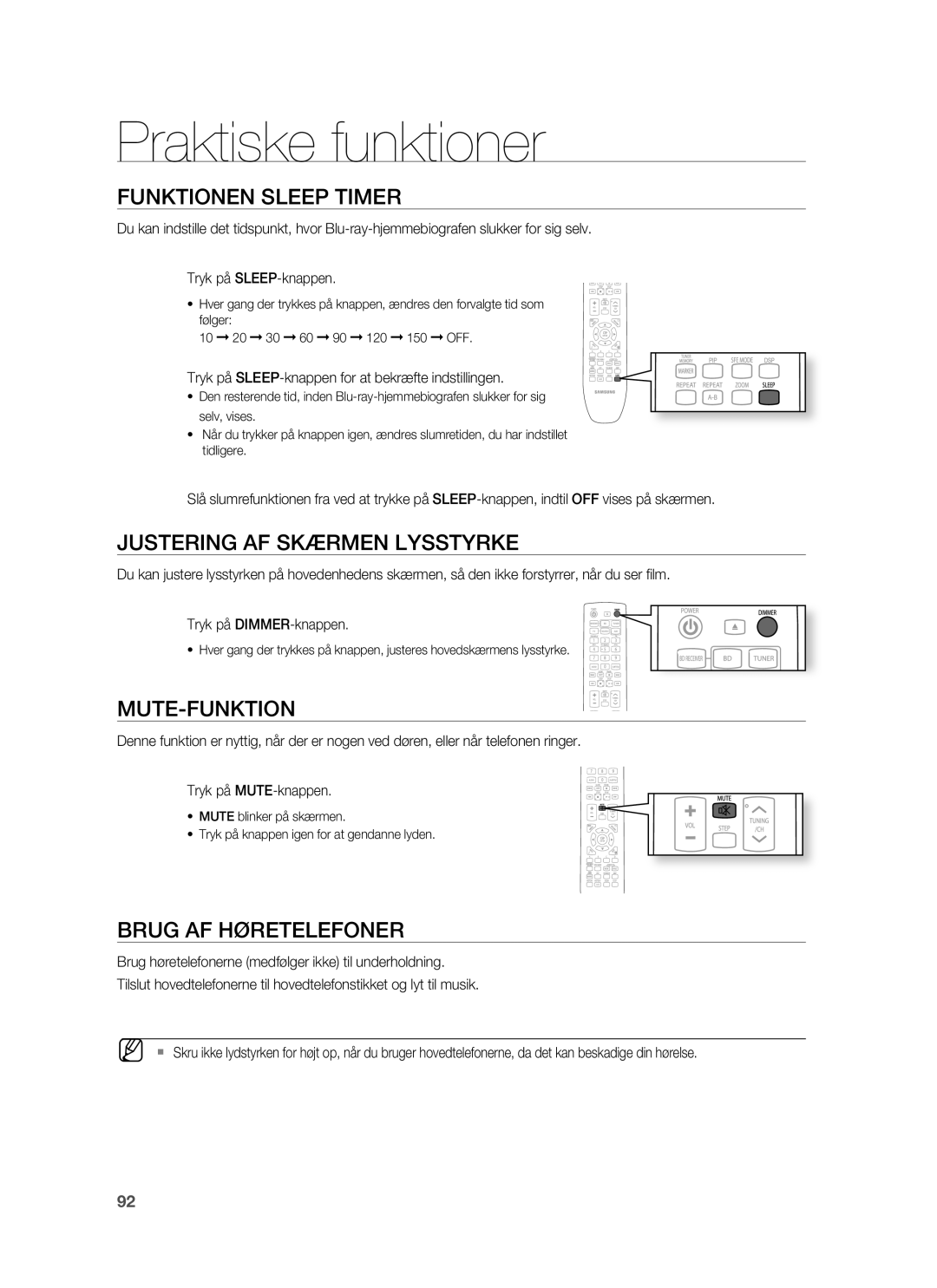 Samsung HT-BD7255R/XEE manual Praktiske funktioner, Funktionen Sleep Timer, Justering AF Skærmen Lysstyrke, Mute-Funktion 