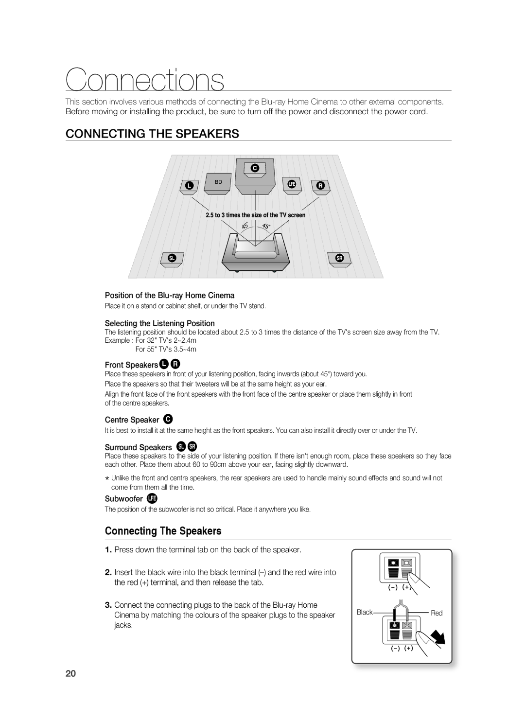 Samsung HT-BD7255R/XEE, HT-BD7255R/XEF, HT-BD7255R/EDC manual Connections, Connecting the Speakers 