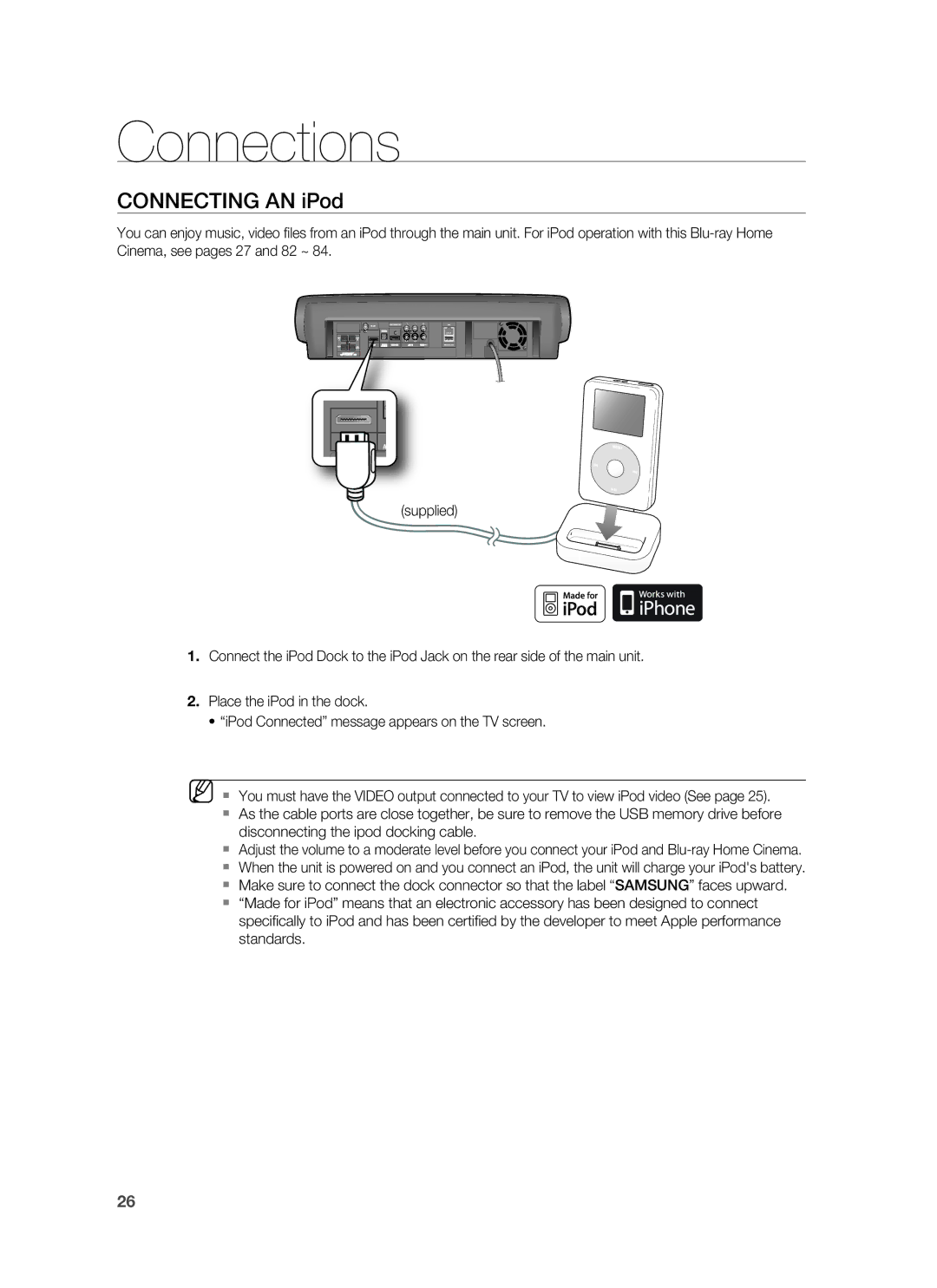 Samsung HT-BD7255R/XEE, HT-BD7255R/XEF, HT-BD7255R/EDC manual Connecting AN iPod 