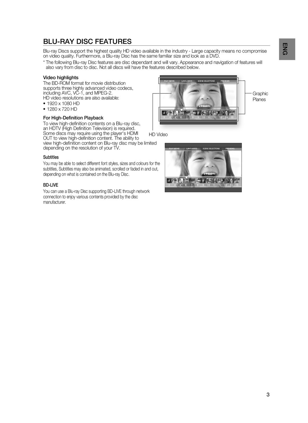 Samsung HT-BD7255R/XEF, HT-BD7255R/EDC manual BLU-RAY Disc Features, HD video resolutions are also available, Subtitles 