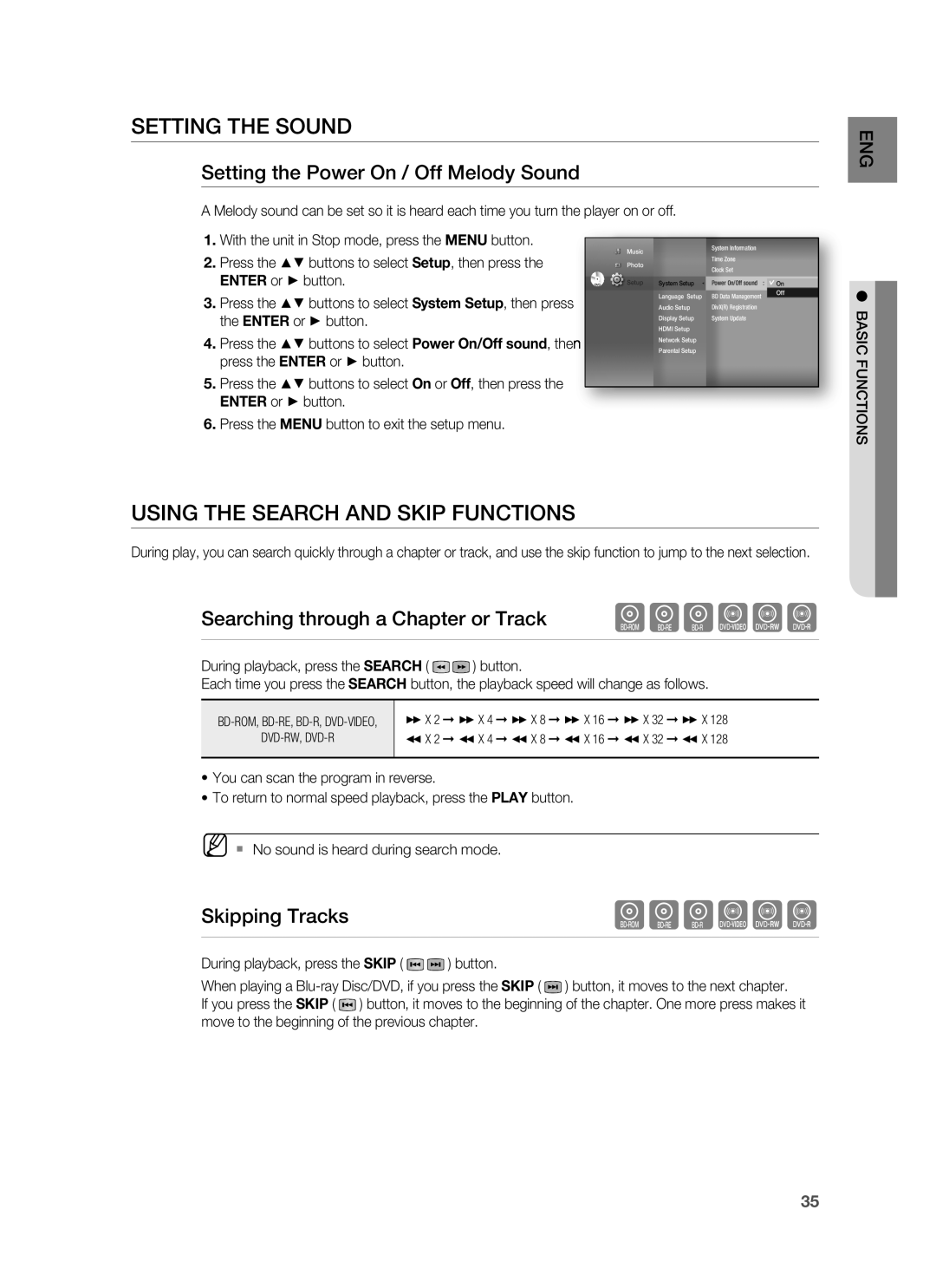 Samsung HT-BD7255R/XEE Setting the Sound, Using the Search and Skip Functions, Setting the Power On / Off Melody Sound 