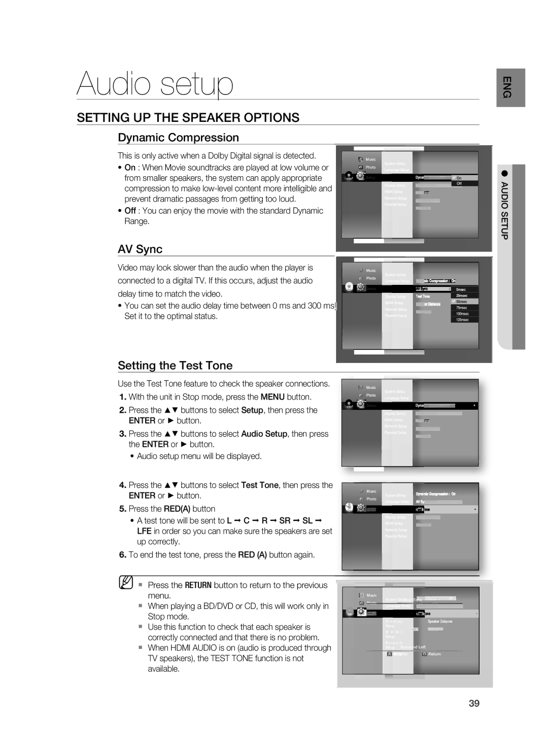 Samsung HT-BD7255R/XEF manual Audio setup, Setting UP the Speaker Options, Dynamic Compression, AV Sync, Audio Setup 