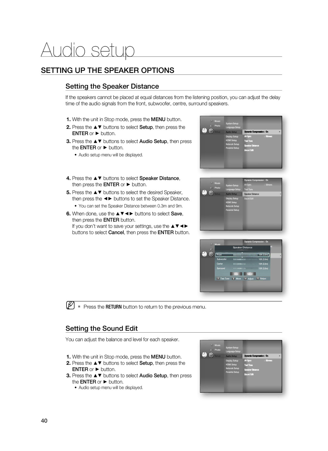 Samsung HT-BD7255R/EDC, HT-BD7255R/XEF, HT-BD7255R/XEE manual Setting the Speaker Distance, Setting the Sound Edit 