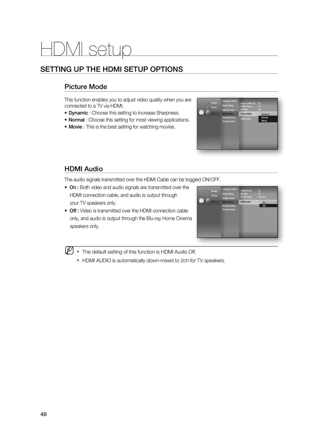 Samsung HT-BD7255R/XEF, HT-BD7255R/EDC, HT-BD7255R/XEE manual Picture Mode, Hdmi Audio 