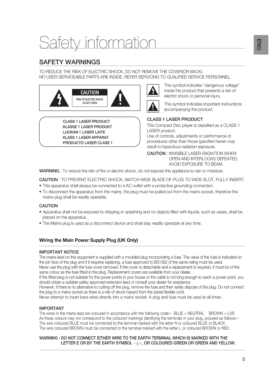 Samsung HT-BD7255R/XEE, HT-BD7255R/XEF manual Safety information, Safety Warnings, Class 1 Laser Product, Important Notice 