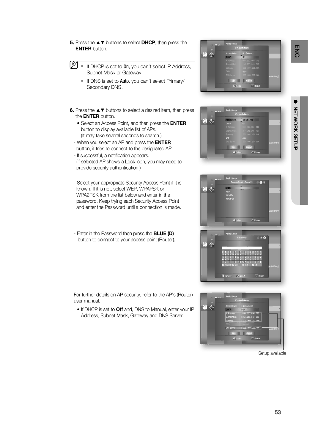 Samsung HT-BD7255R/XEE Press the buttons to select DHCP, then press, Enter button, Subnet Mask or Gateway, Secondary DNS 