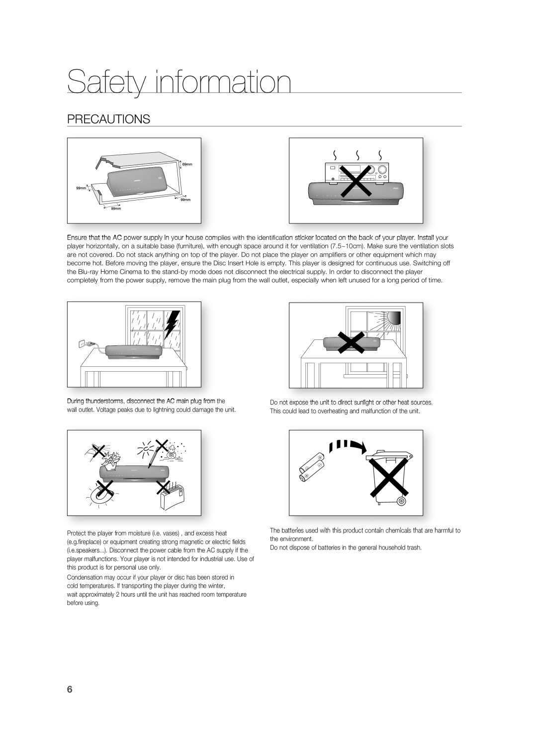 Samsung HT-BD7255R/XEF, HT-BD7255R/EDC, HT-BD7255R/XEE manual Precautions 