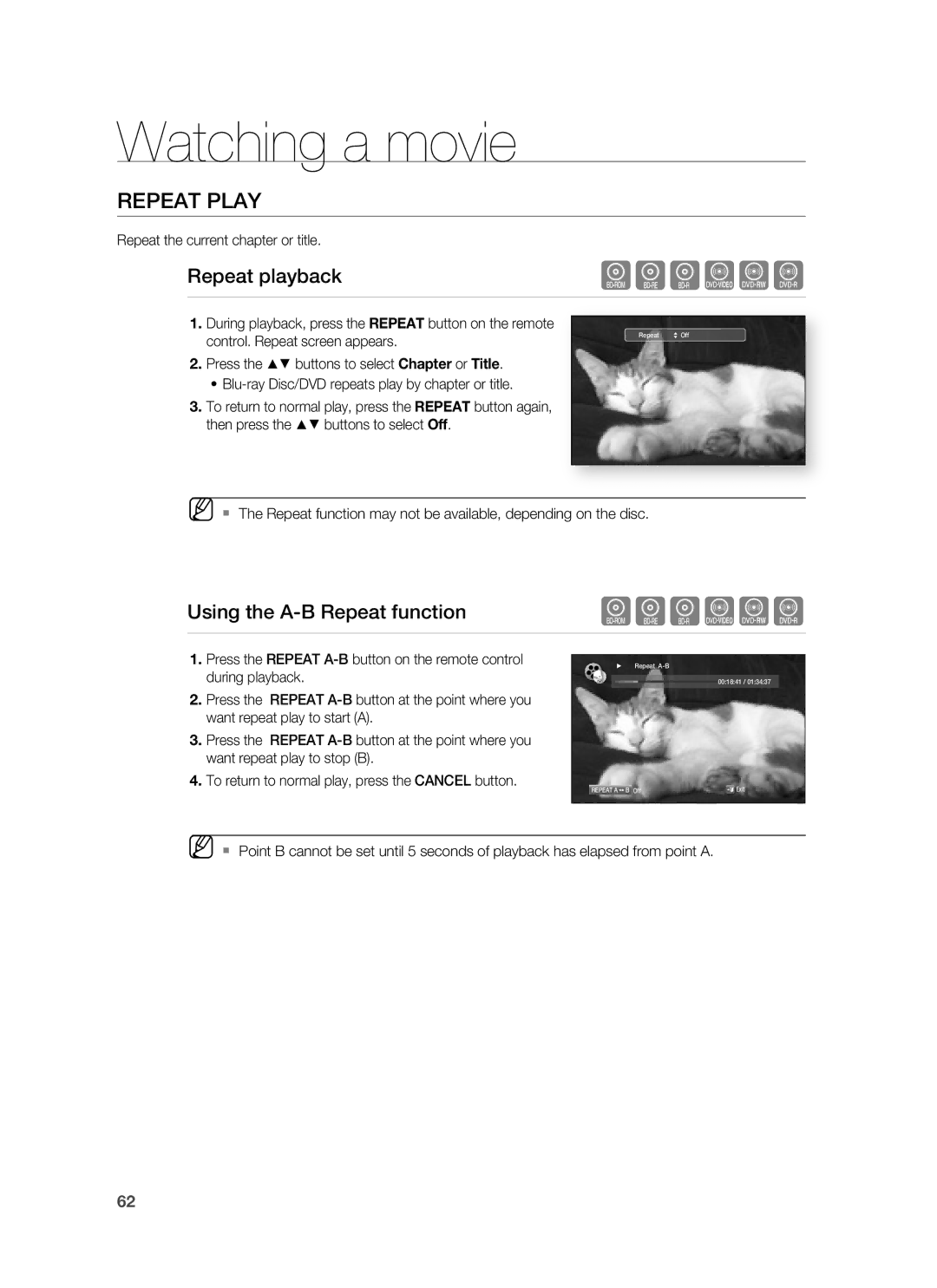 Samsung HT-BD7255R/XEE Repeat Play, Repeat playback, Using the A-B Repeat function, Repeat the current chapter or title 