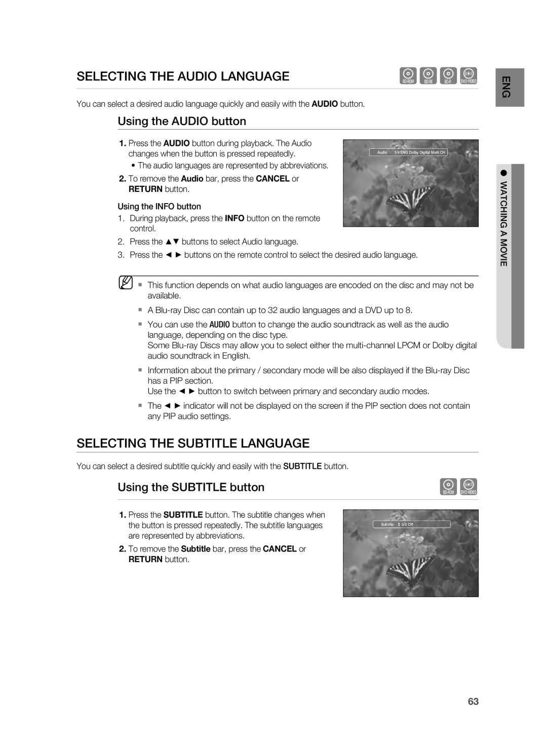 Samsung HT-BD7255R/XEF Selecting the Audio Language, Selecting the Subtitle Language, Using the Audio button, Watching a 