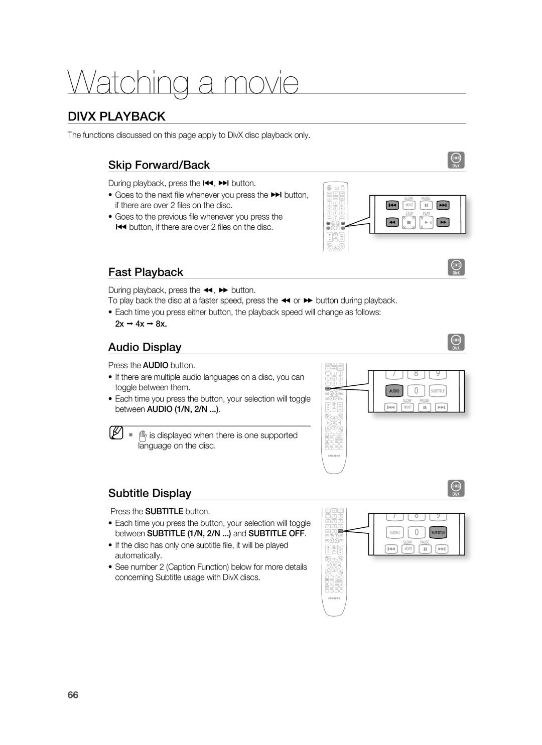 Samsung HT-BD7255R/XEF, HT-BD7255R/EDC Divx Playback, Skip Forward/Back, Fast Playback, Audio Display, Subtitle Display 