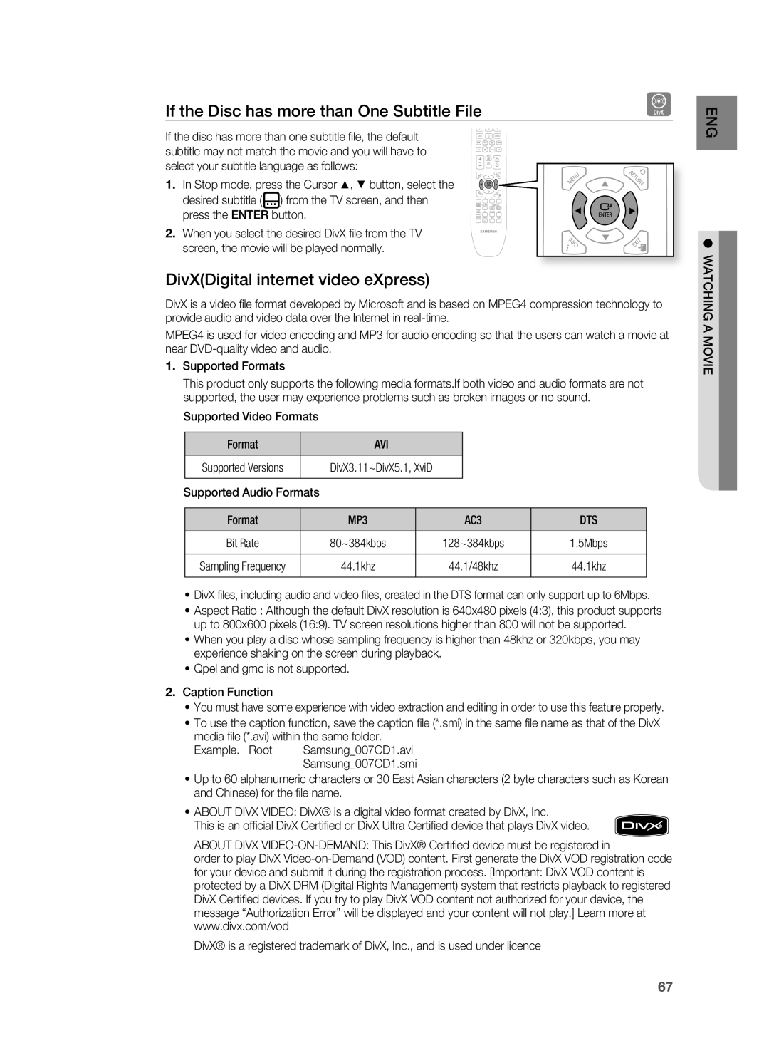 Samsung HT-BD7255R/EDC manual If the Disc has more than One Subtitle File, DivXDigital internet video eXpress, Avi, Dts 