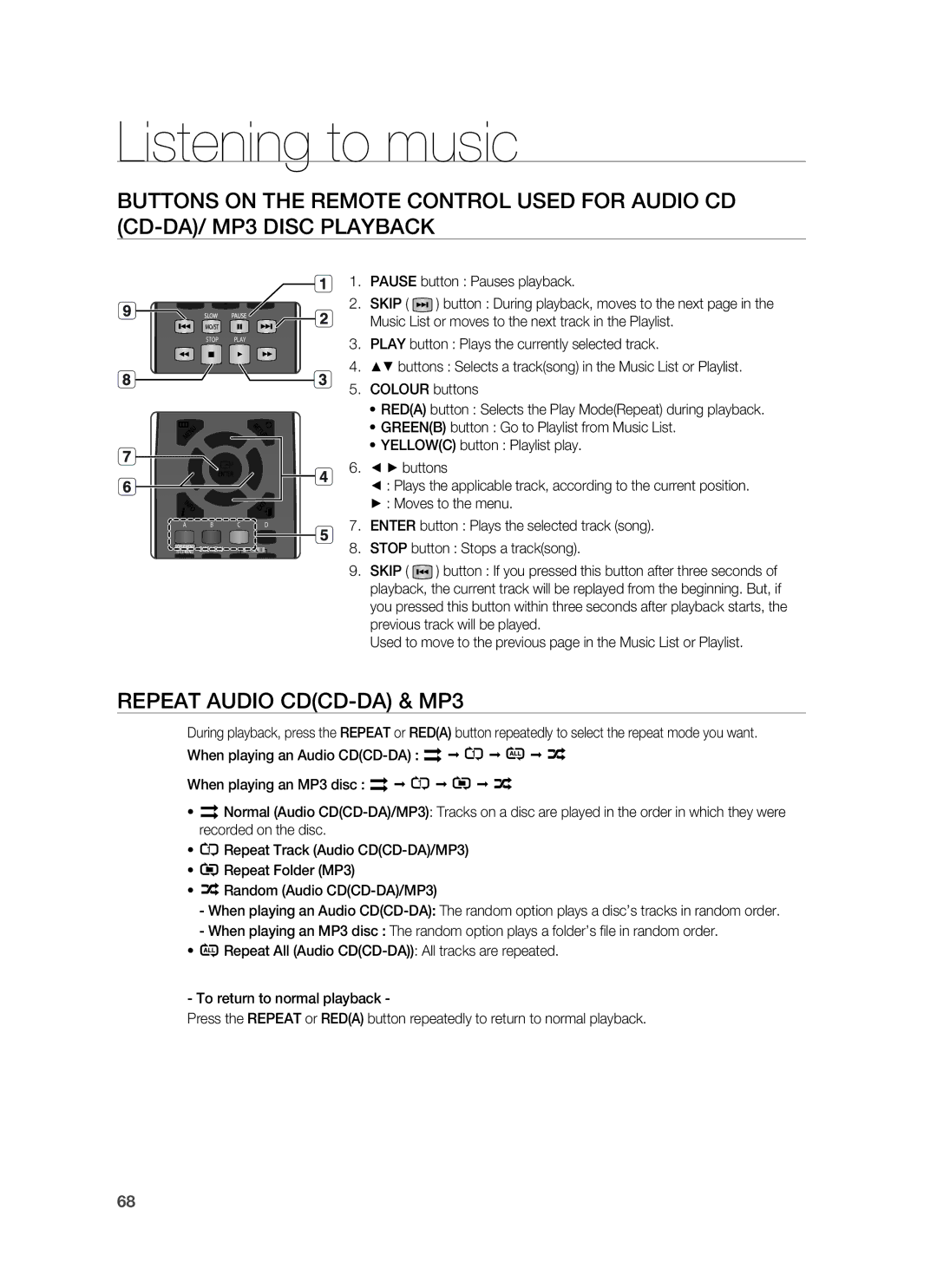 Samsung HT-BD7255R/XEE, HT-BD7255R/XEF, HT-BD7255R/EDC manual Listening to music, Repeat Audio CDCD-DA & MP3 