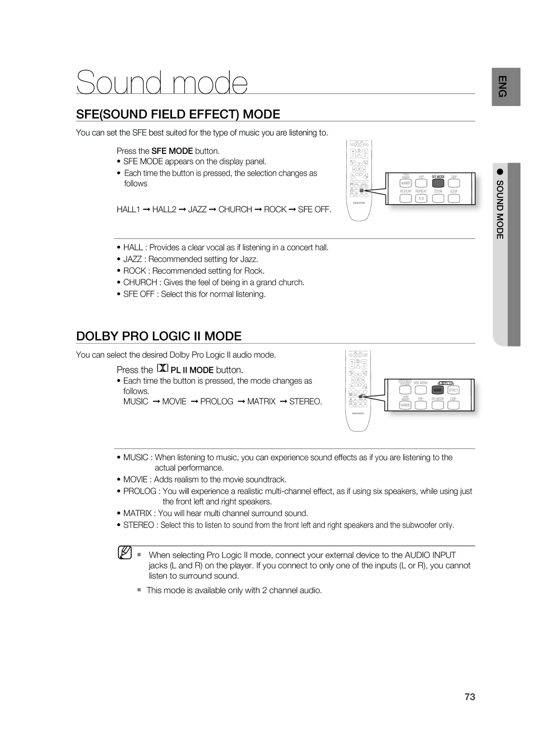 Samsung HT-BD7255R/EDC manual Sound mode, Sfesound Field Effect Mode, Dolby PRO Logic II Mode, Press the PL II Mode button 