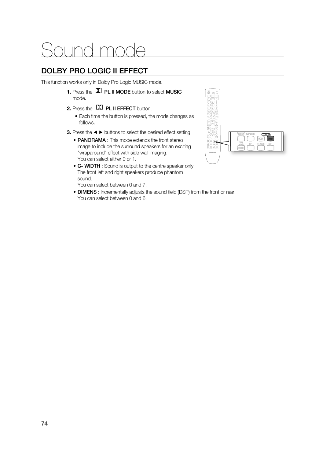 Samsung HT-BD7255R/XEE, HT-BD7255R/XEF, HT-BD7255R/EDC manual Dolby PRO Logic II Effect 