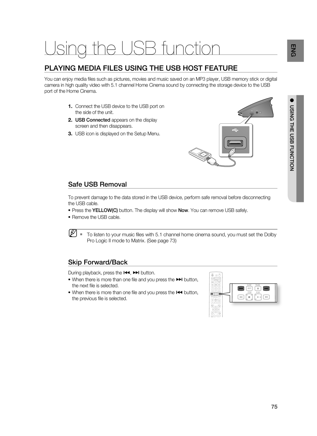 Samsung HT-BD7255R/XEF manual Using the USB function, Playing Media Files Using the USB Host Feature, Safe USB Removal 