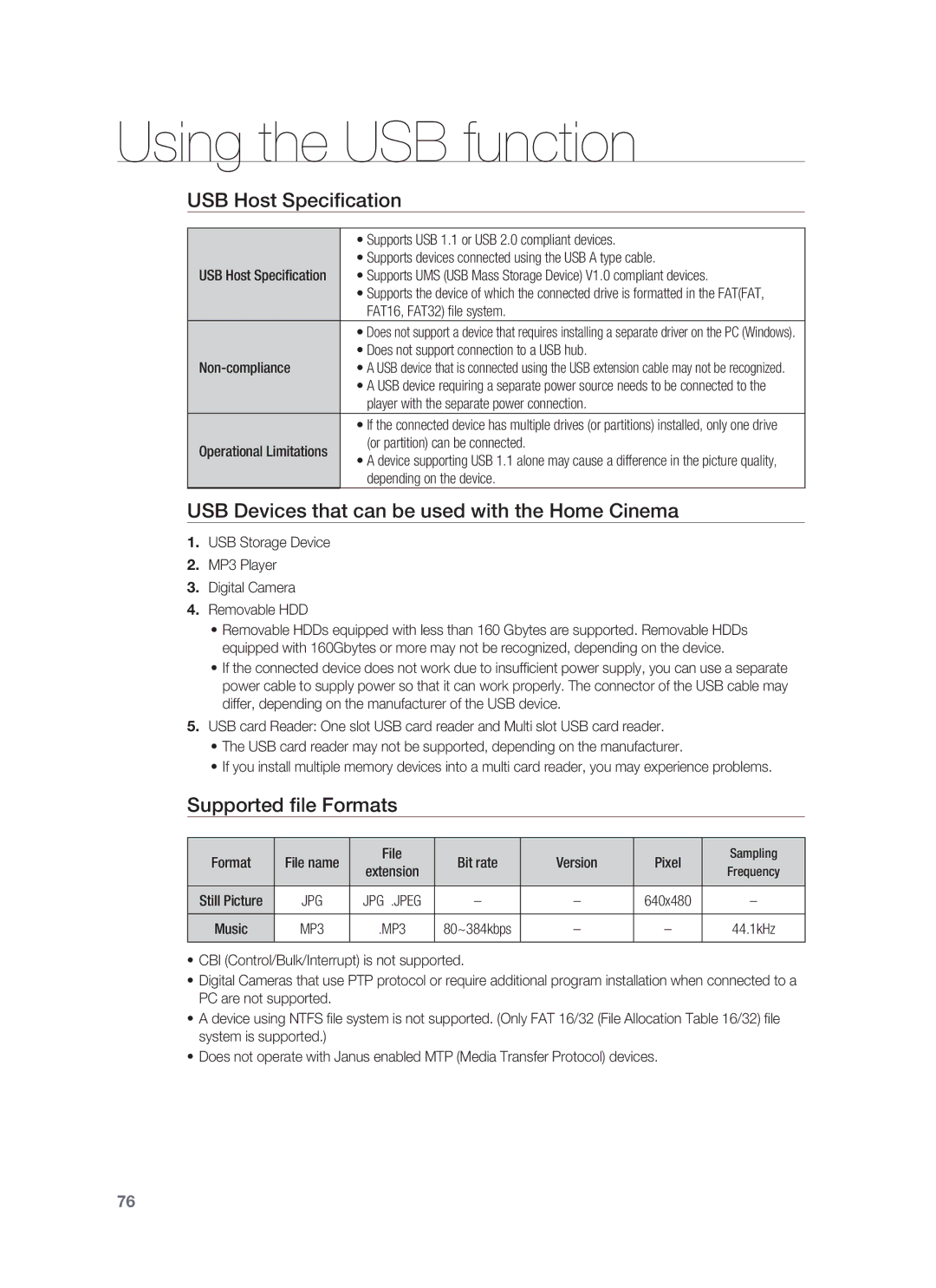 Samsung HT-BD7255R/EDC USB Host Speciﬁcation, USB Devices that can be used with the Home Cinema, Supported ﬁle Formats 