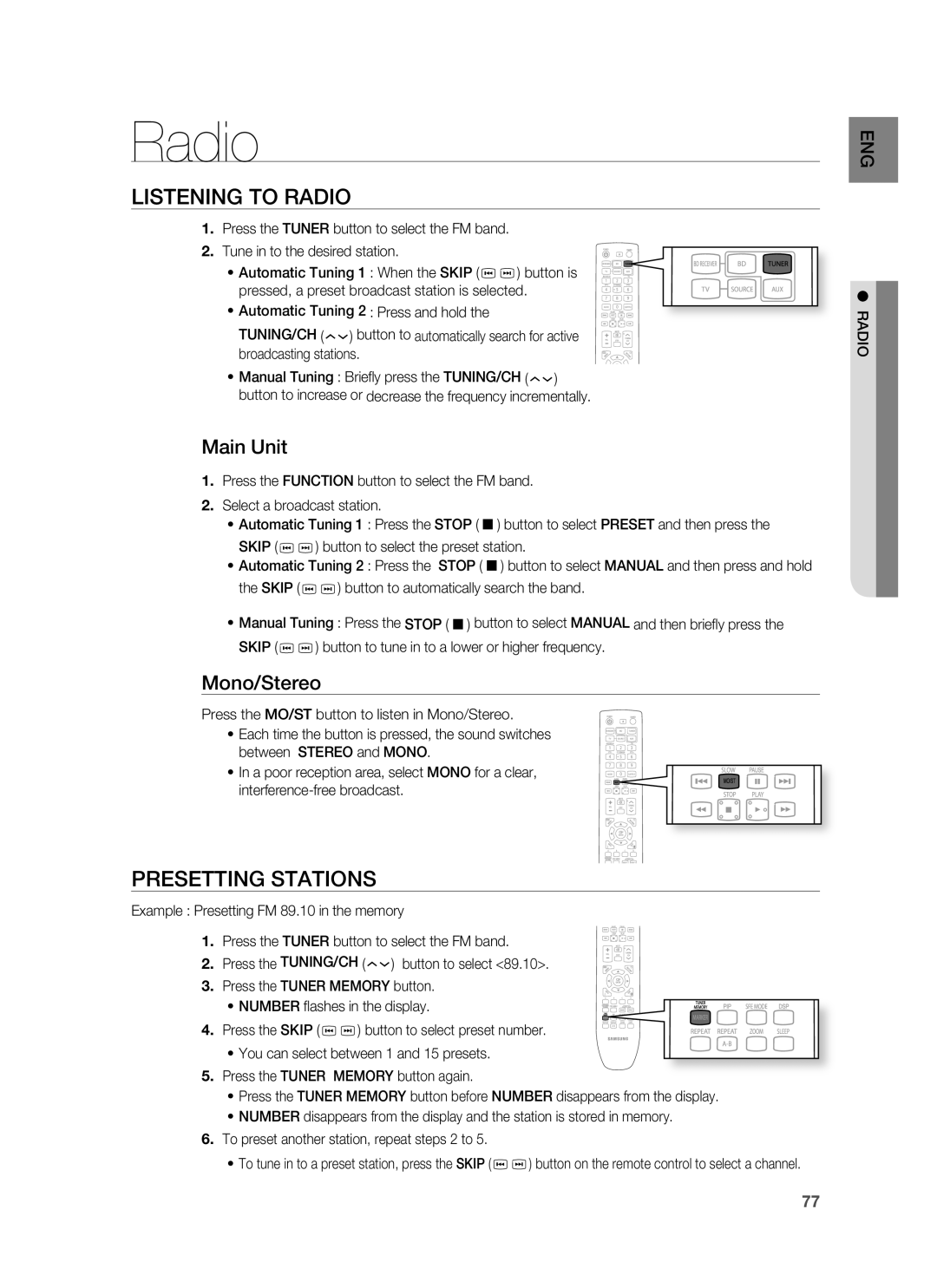 Samsung HT-BD7255R/XEE, HT-BD7255R/XEF, HT-BD7255R/EDC Listening to Radio, Presetting Stations, Main Unit, Mono/Stereo 