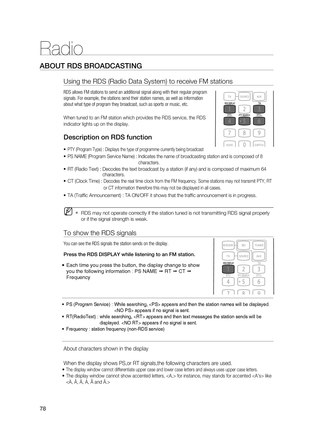 Samsung HT-BD7255R/XEF, HT-BD7255R/EDC manual About RDS Broadcasting, Using the RDS Radio Data System to receive FM stations 