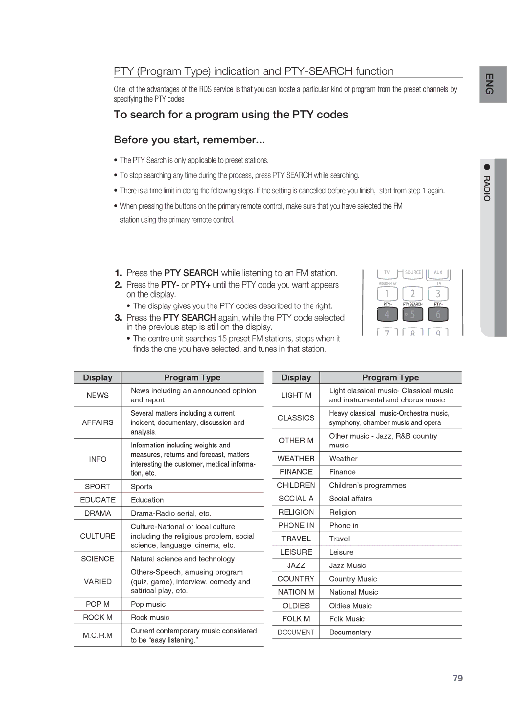 Samsung HT-BD7255R/EDC, HT-BD7255R/XEF, HT-BD7255R/XEE manual PTY Program Type indication and PTY-SEARCH function 