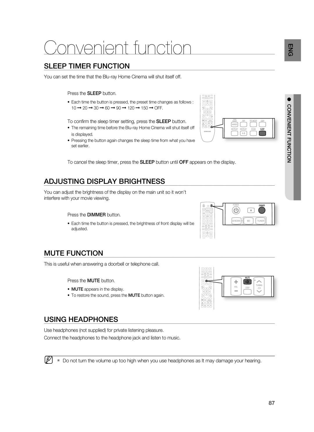 Samsung HT-BD7255R/XEF manual Convenient function, Sleep Timer Function, Adjusting Display Brightness, Mute Function 