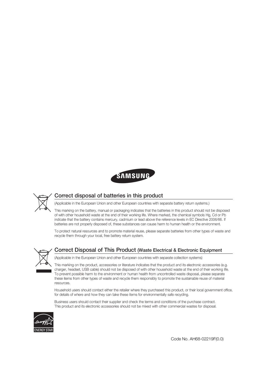 Samsung HT-BD7255R/EDC, HT-BD7255R/XEF manual Correct disposal of batteries in this product, Code No. AH68-02219F0.0 