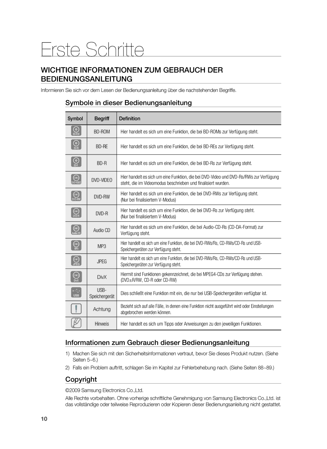 Samsung HT-BD7255R/XEF manual Erste Schritte, Wichtige Informationen ZUM Gebrauch DER Bedienungsanleitung, Copyright 