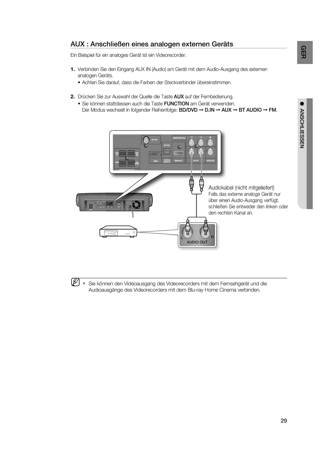 Samsung HT-BD7255R/EDC, HT-BD7255R/XEF manual AUX Anschließen eines analogen externen Geräts, Audiokabel nicht mitgeliefert 