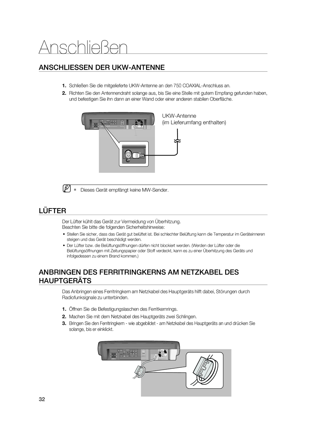 Samsung HT-BD7255R/XEF Anschliessen DER UKW-ANTENNE, Lüfter, Anbringen DES Ferritringkerns AM Netzkabel DES Hauptgeräts 