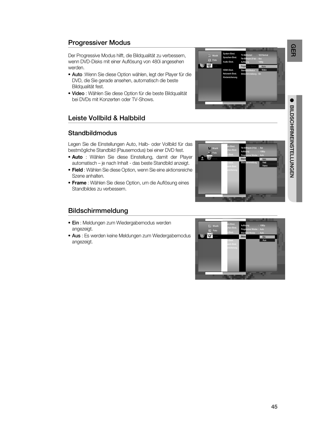 Samsung HT-BD7255R/EDC, HT-BD7255R/XEF manual Progressiver Modus, Bildschirmmeldung 