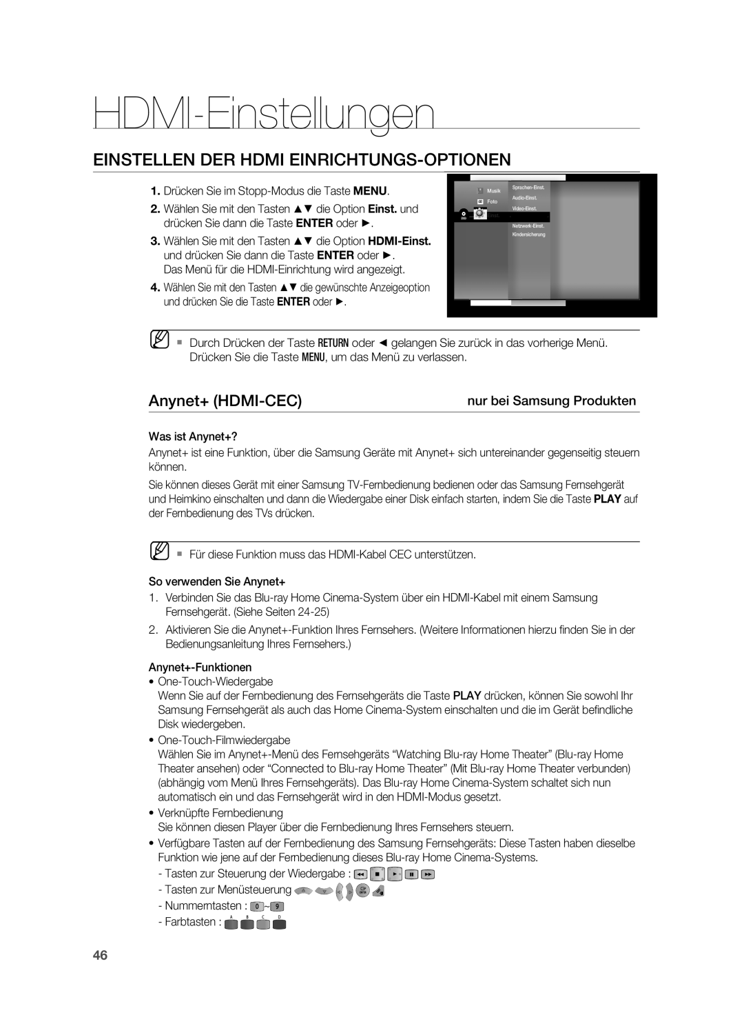 Samsung HT-BD7255R/XEF, HT-BD7255R/EDC HDMI-Einstellungen, Einstellen DER Hdmi EINRICHTUNGS-OPTIONEN, Anynet+ HDMI-CEC 