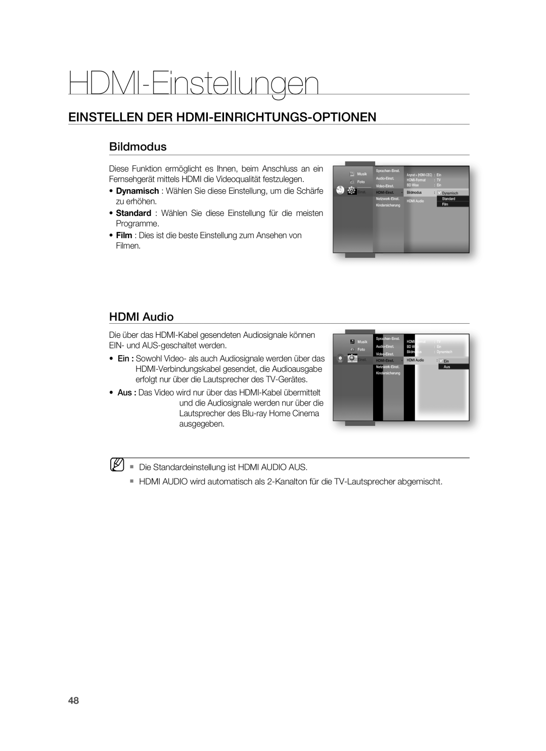 Samsung HT-BD7255R/XEF Einstellen DER HDMI-EINRICHTUNGS-OPTIONEN, Bildmodus, Zu erhöhen, EIN- und AUS-geschaltet werden 