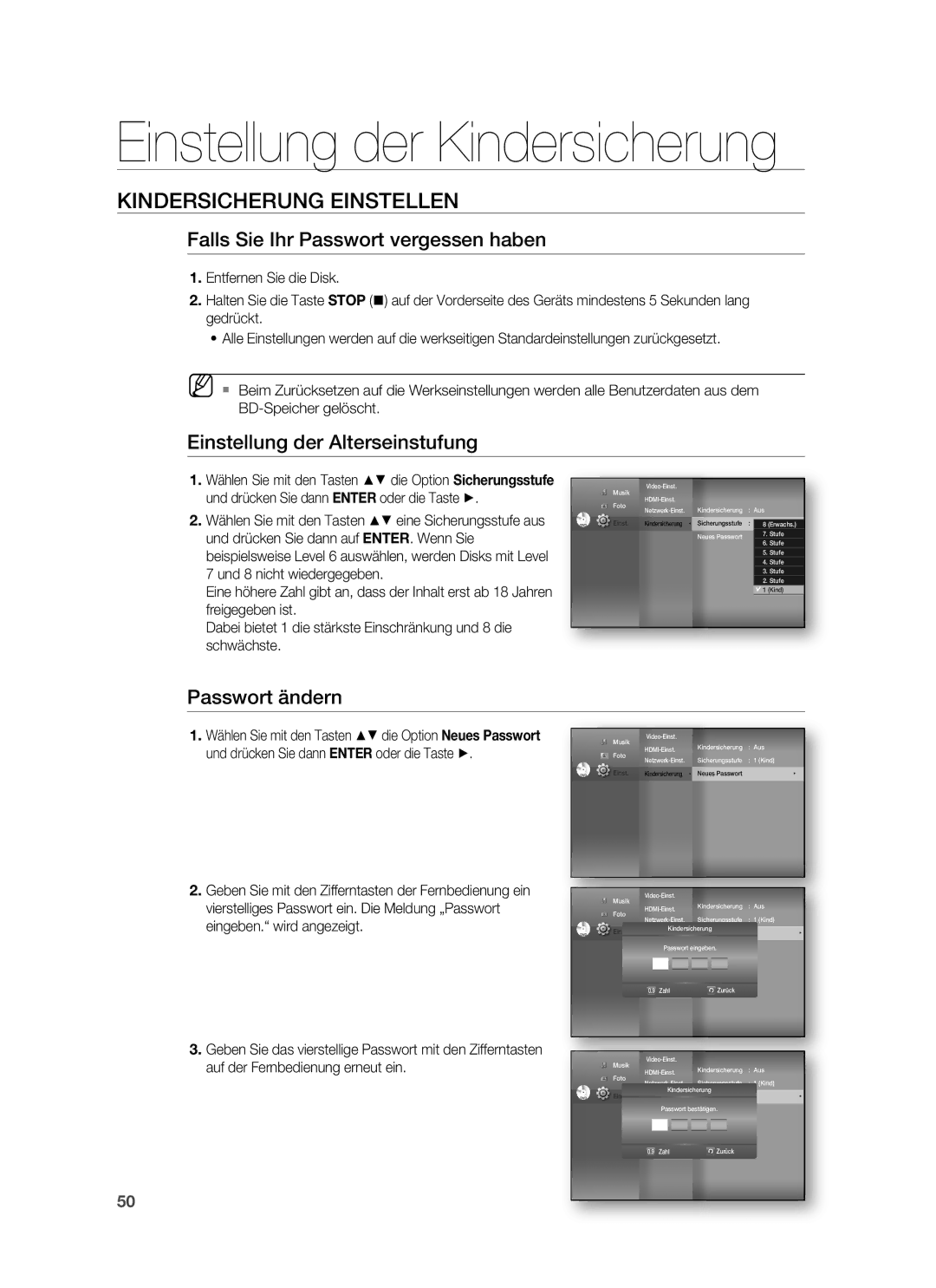 Samsung HT-BD7255R/XEF manual Falls Sie Ihr Passwort vergessen haben, Einstellung der Alterseinstufung, Passwort ändern 