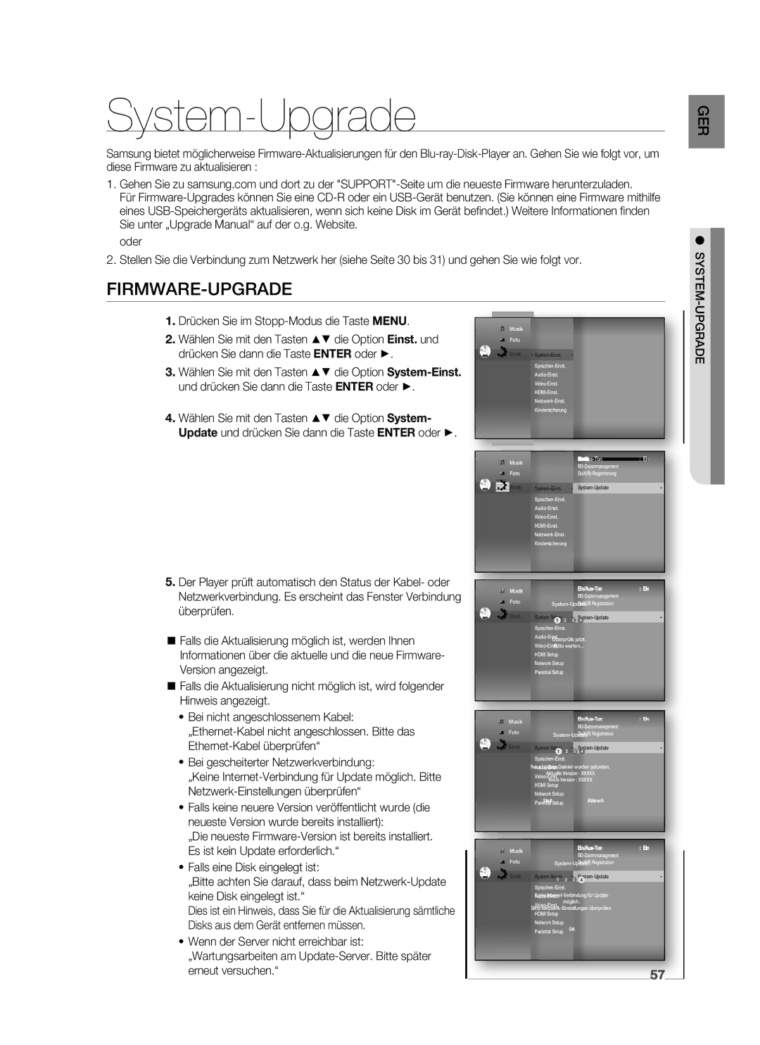 Samsung HT-BD7255R/EDC, HT-BD7255R/XEF manual System-Upgrade, Firmware-Upgrade, Und drücken Sie dann die Taste Enter oder 