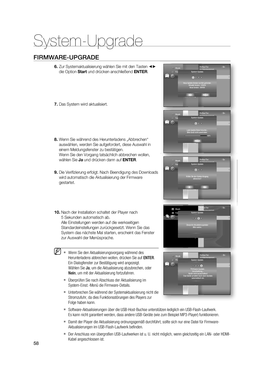 Samsung HT-BD7255R/XEF manual Das System wird aktualisiert, Wenn Sie während des Herunterladens „Abbrechen, Gestartet 