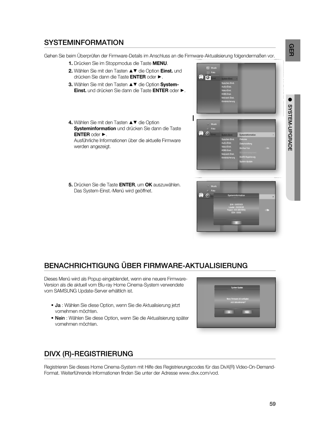 Samsung HT-BD7255R/EDC Systeminformation, Benachrichtigung Über FIRMWARE-AKTUALISIERUNG, Divx R-REGISTRIERUNG, JaNein 