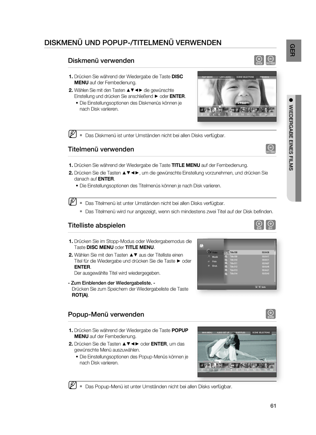 Samsung HT-BD7255R/EDC, HT-BD7255R/XEF Diskmenü UND POPUP-/TITELMENÜ Verwenden, Diskmenü verwenden, Titelmenü verwenden 