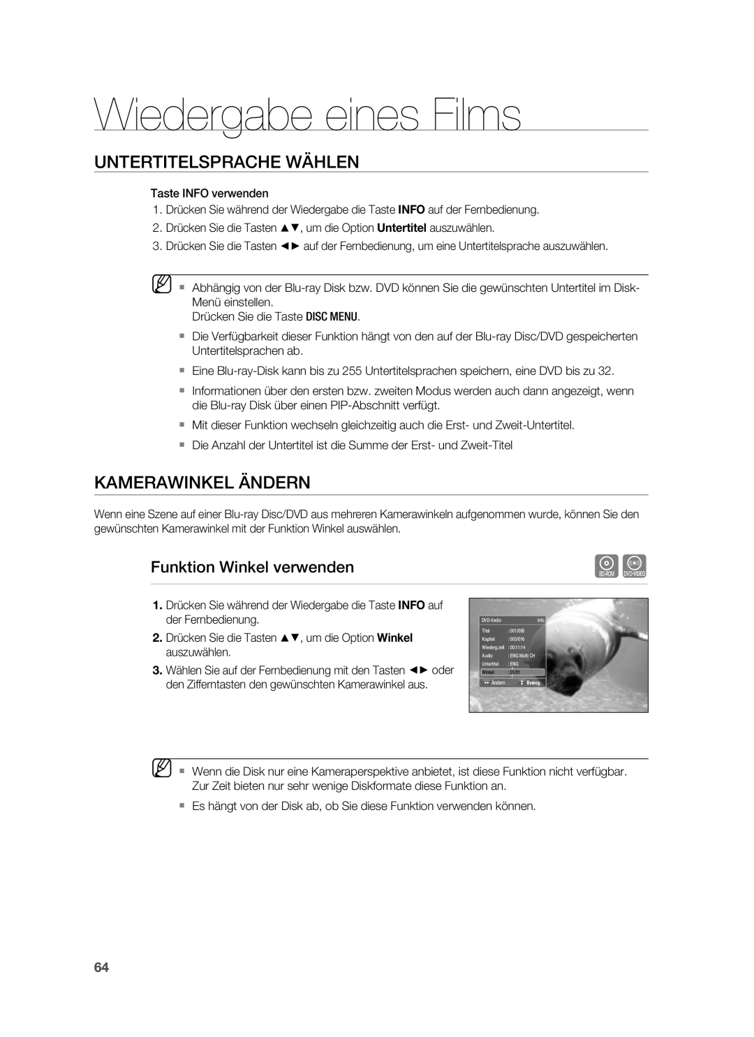 Samsung HT-BD7255R/XEF, HT-BD7255R/EDC manual Kamerawinkel Ändern, Funktion Winkel verwenden, Beweg 