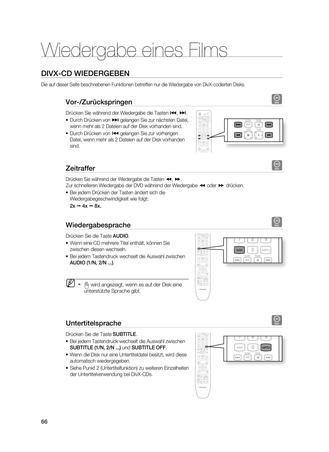 Samsung HT-BD7255R/XEF manual DIVX-CD Wiedergeben, Vor-/Zurückspringen, Zeitraffer, Wiedergabesprache, Untertitelsprache 