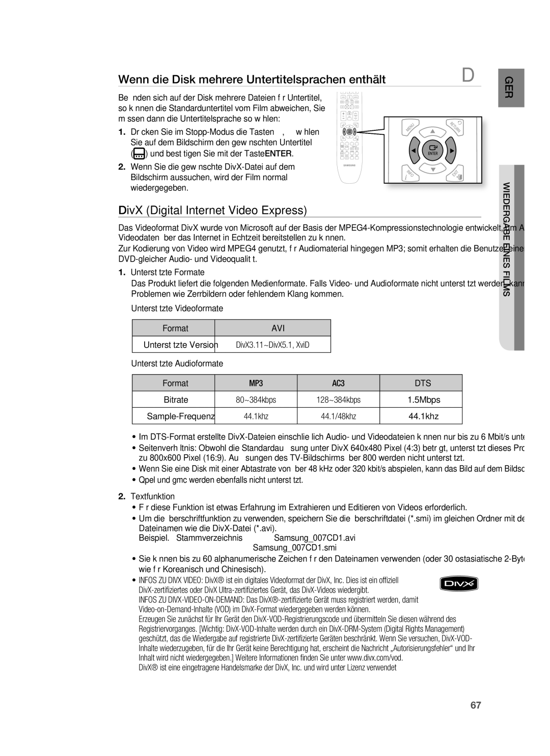 Samsung HT-BD7255R/EDC Wenn die Disk mehrere Untertitelsprachen enthält, DivX Digital Internet Video Express, Avi, Dts 