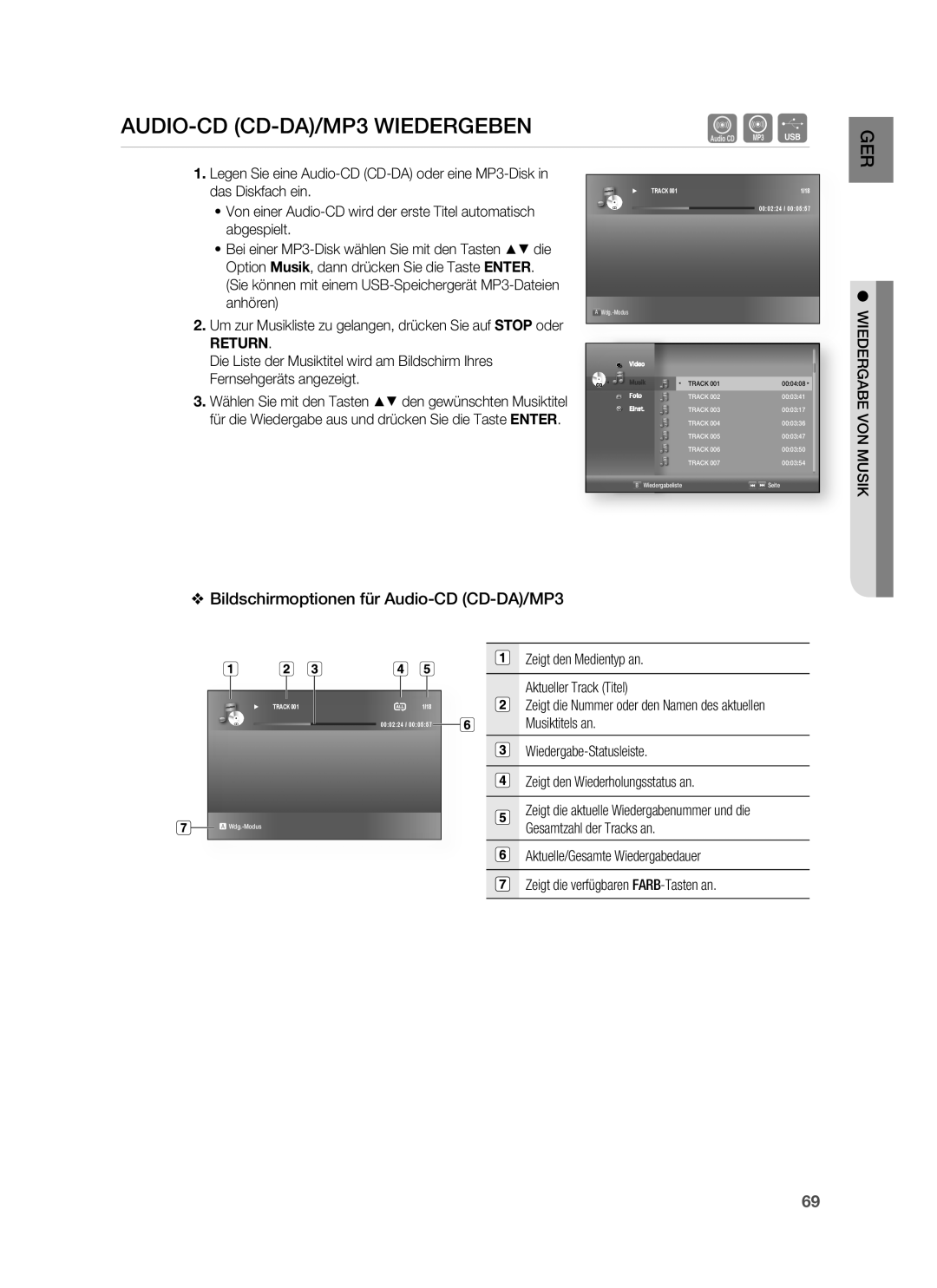 Samsung HT-BD7255R/EDC manual AUDIO-CD CD-DA/MP3 Wiedergeben, Bildschirmoptionen für Audio-CD CD-DA/MP3, 000224, Track 