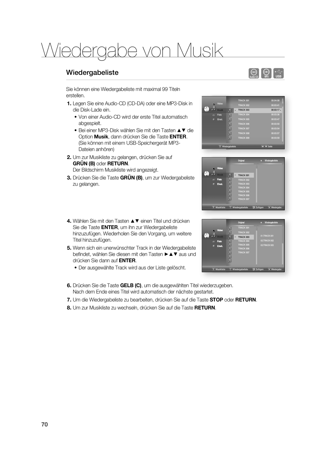 Samsung HT-BD7255R/XEF, HT-BD7255R/EDC Der ausgewählte Track wird aus der Liste gelöscht, Original Wiedergabeliste 