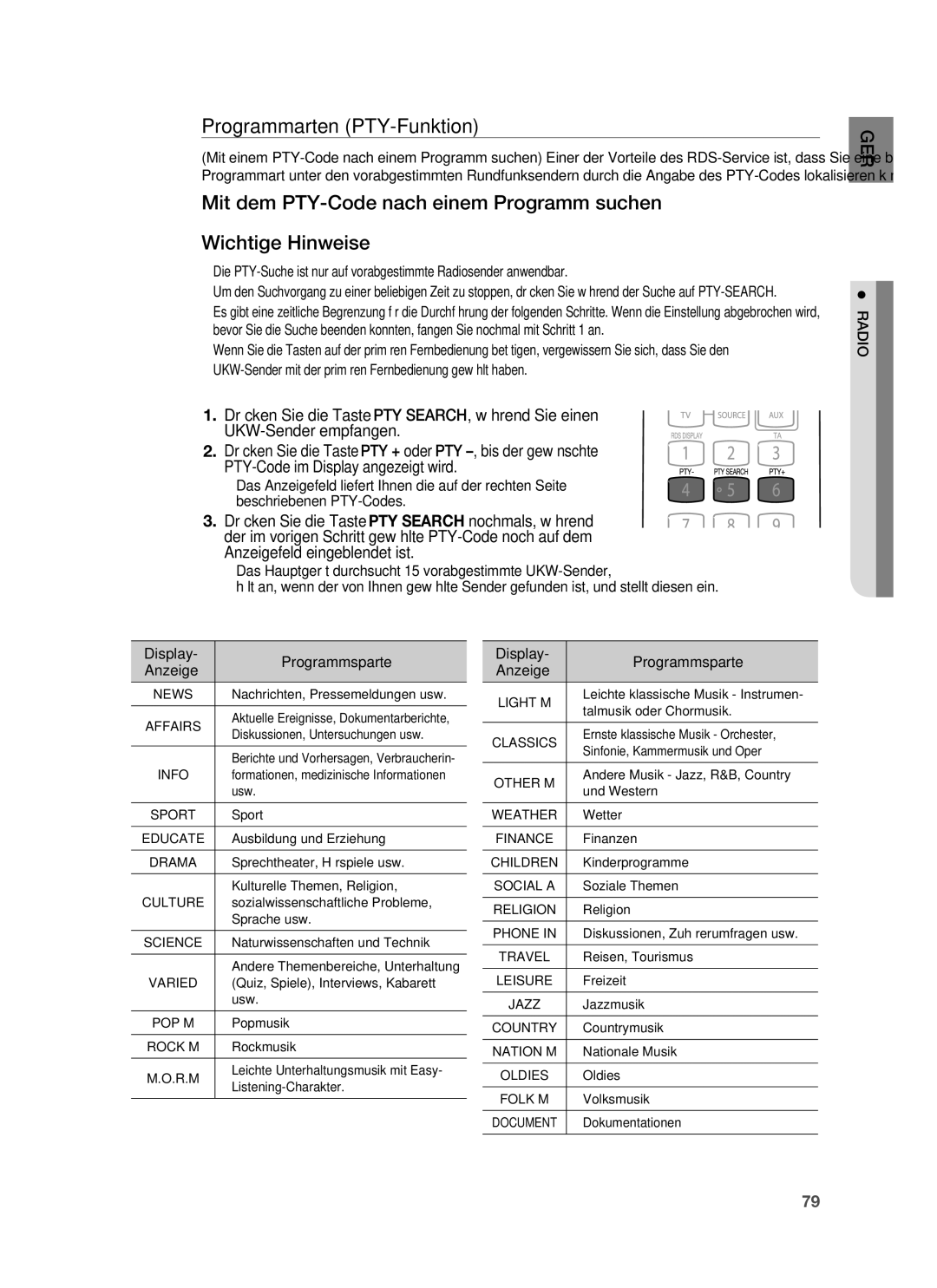 Samsung HT-BD7255R/EDC, HT-BD7255R/XEF manual Programmarten PTY-Funktion, Display Programmsparte Anzeige 