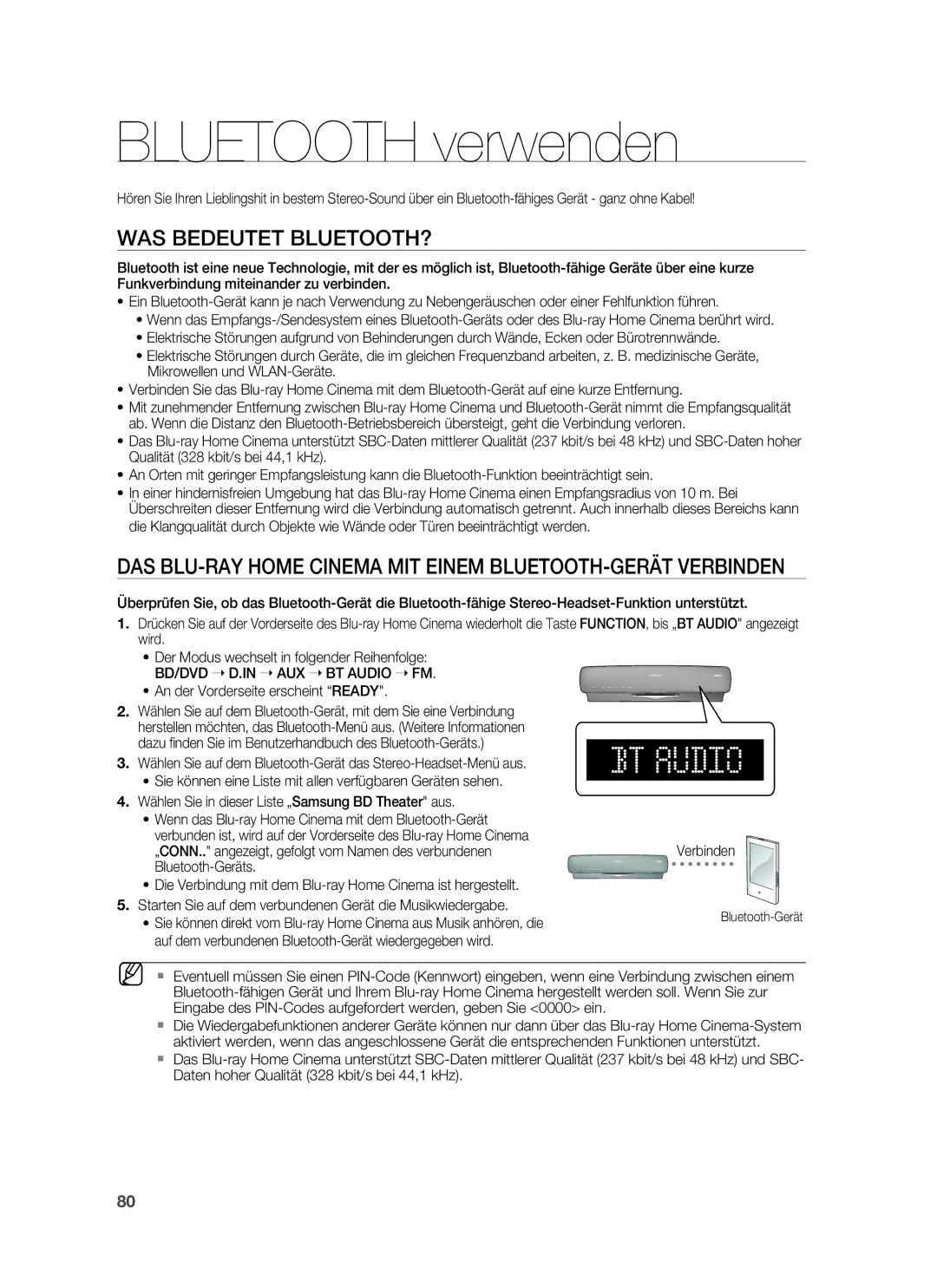 Samsung HT-BD7255R/XEF, HT-BD7255R/EDC manual Bluetooth verwenden, WAS Bedeutet BLUETOOTH?, BD/DVD D.IN AUX BT Audio FM 