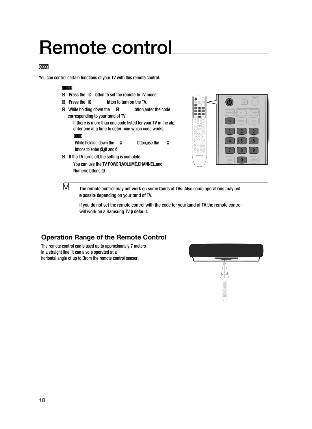 Samsung HT-BD7255R/XER manual Setting the Remote Control, Operation Range of the Remote Control 