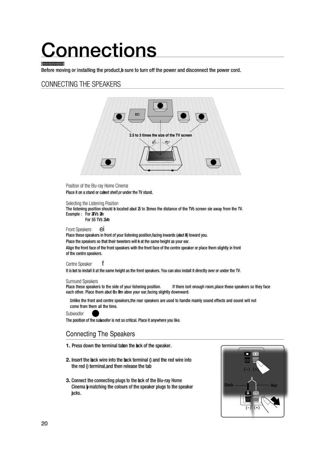 Samsung HT-BD7255R/XER manual Connections, Connecting the Speakers 