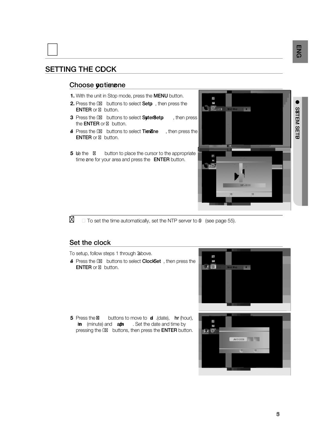 Samsung HT-BD7255R/XER manual System setup, Setting the Clock, Choose your time zone, Set the clock, System Setup 