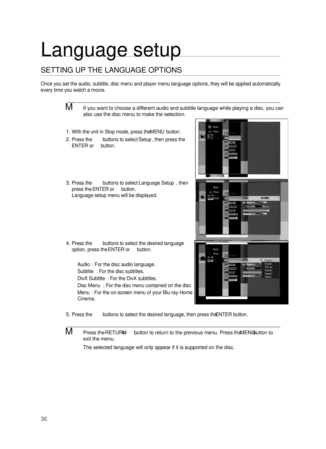 Samsung HT-BD7255R/XER manual Language setup, Setting UP the Language Options, Audio For the disc audio language 