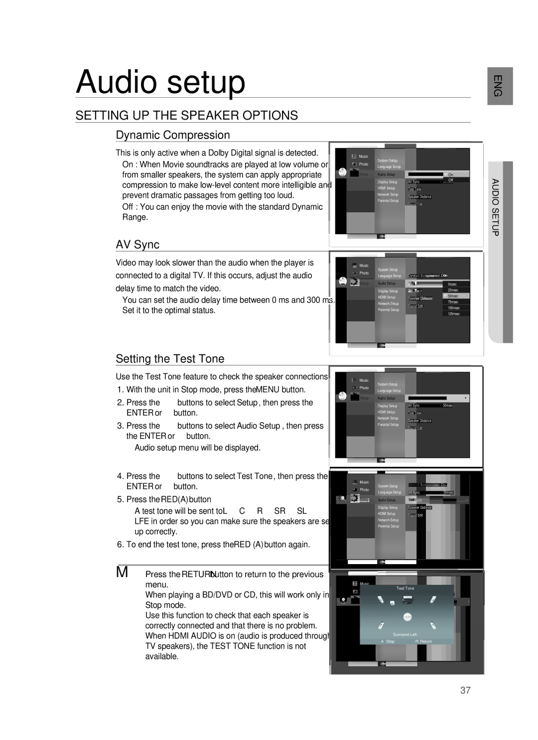 Samsung HT-BD7255R/XER manual Audio setup, Setting UP the Speaker Options, Dynamic Compression, AV Sync, Audio Setup 