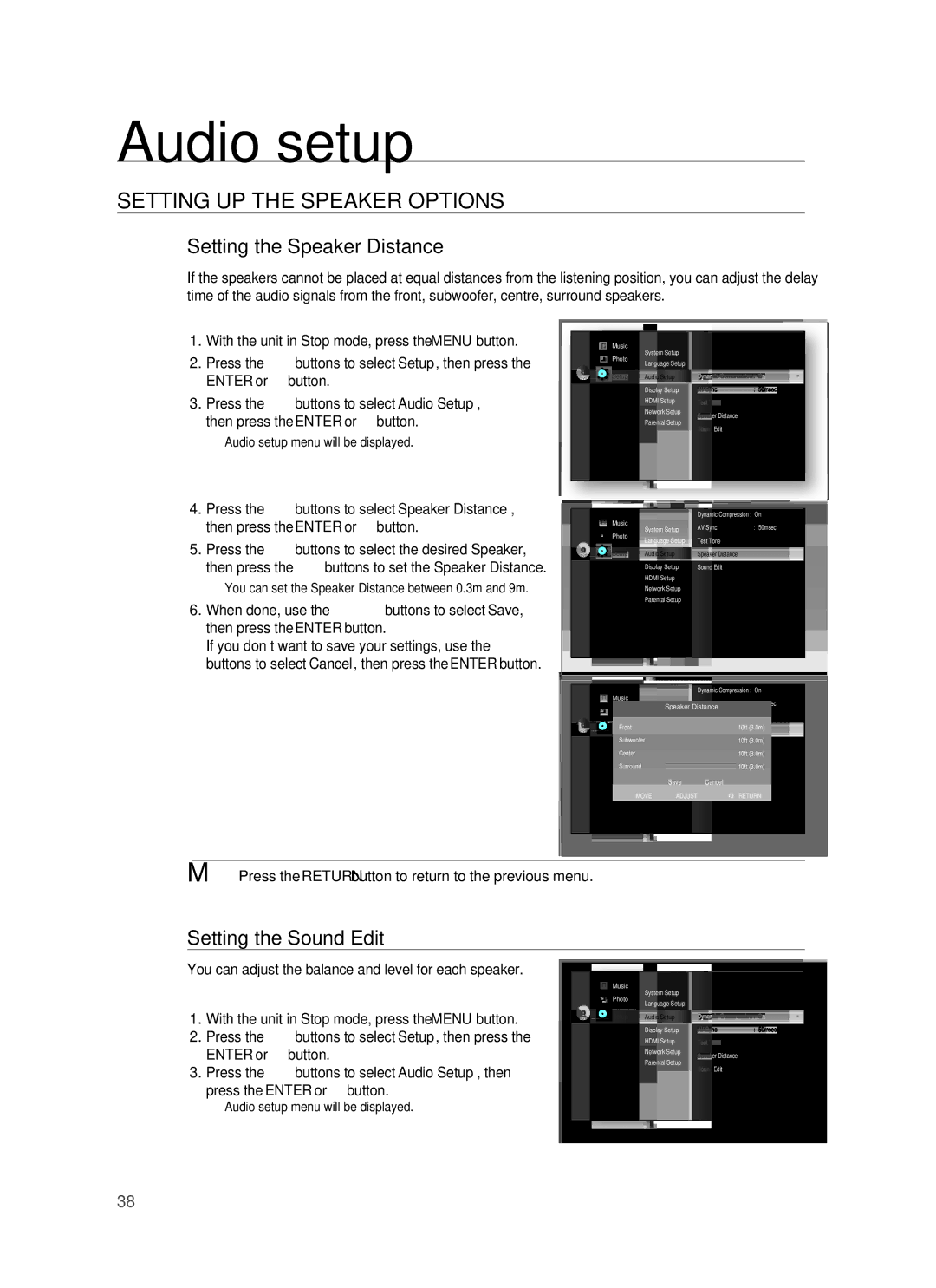 Samsung HT-BD7255R/XER manual Setting the Speaker Distance, Setting the Sound Edit 