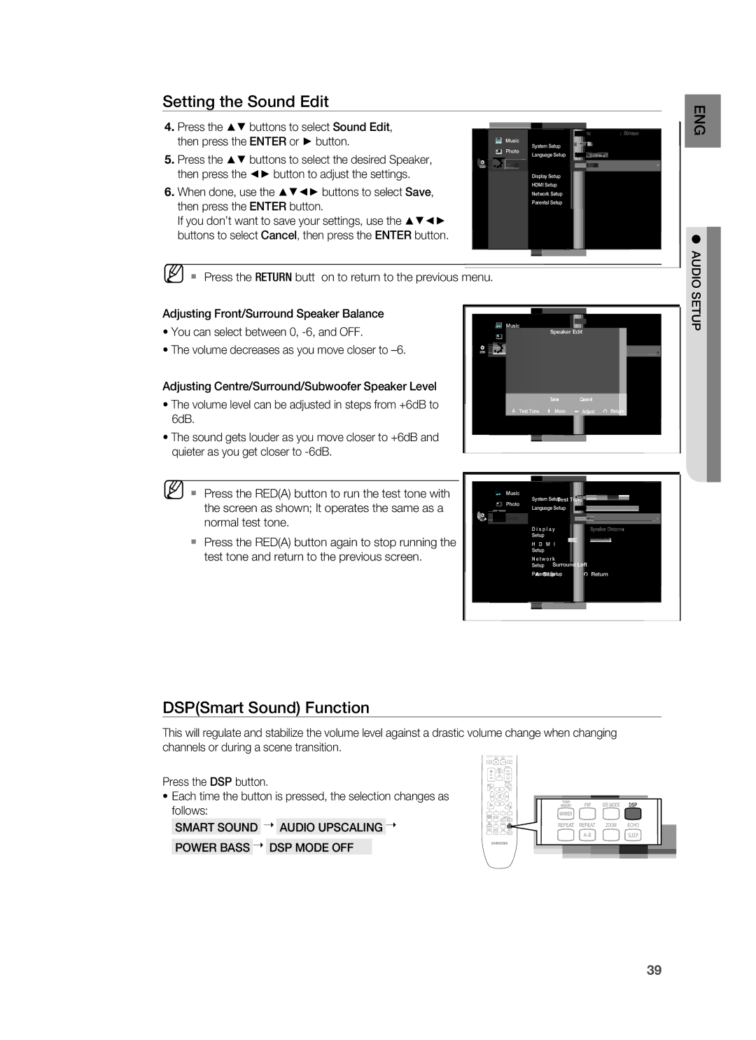 Samsung HT-BD7255R/XER manual DSPSmart Sound Function, Smart Sound Audio Upscaling Power Bass DSP Mode OFF 